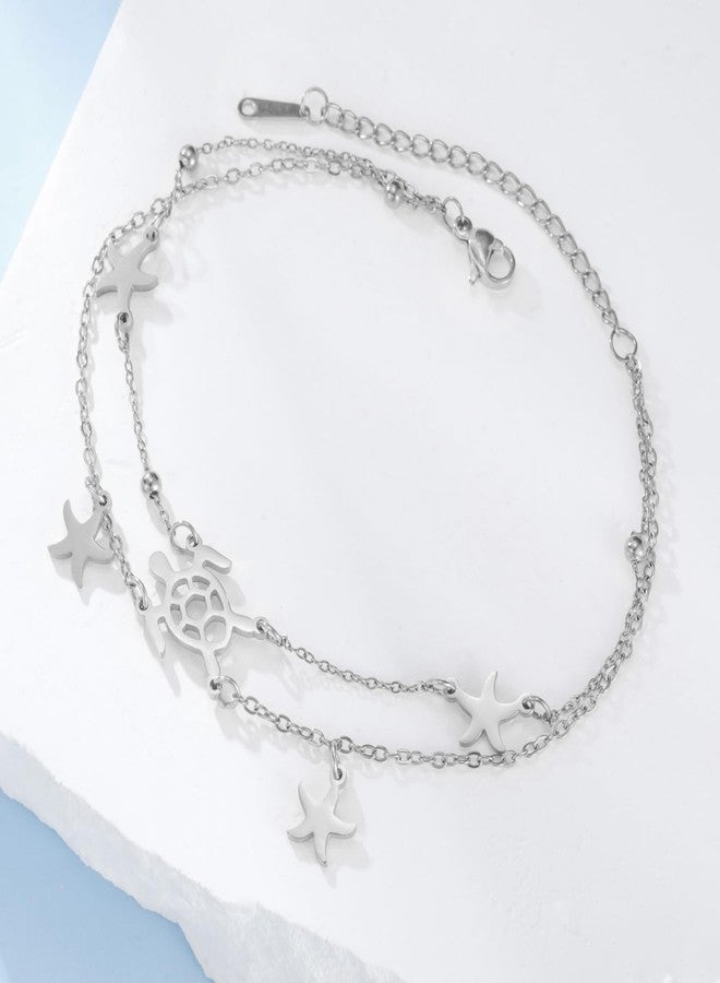 UNIFT Sea Turtle Starfish Bracelet Anklet For Women Stainless Steel Hollow Out Adjustable Layered Summer Beach Nature Ocean Jewelry Gifts (silver) - Image 4